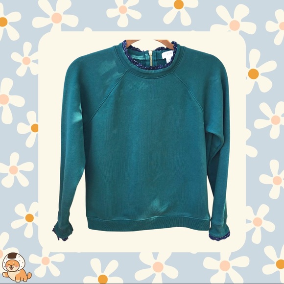 JCrew Forest Green Sweatshirt/Sweater with Ruffle Neck and Sleeves - Picture 3 of 10